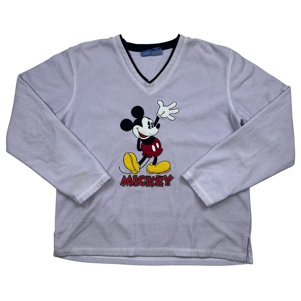 Y2K Disney Mickey Mouse Fleece Pullover Womens L Embroidered V Neck Sweater